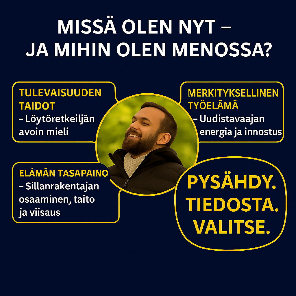 Tyytyväinen mies luonnossa ja teksti: Pysähdy. Tiedosta. Valitse.